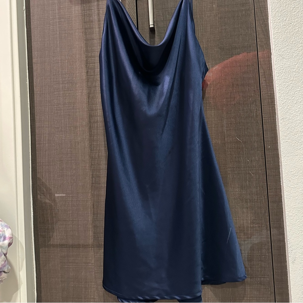 Cowl neck Blue Satin Backless Dress
